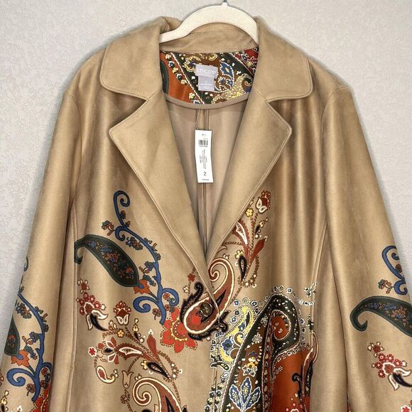 Chico's Topper Jacket 12 14 (2) Tan Paisley Faux Suede Boho Lightweight Coat - Picture 4 of 9